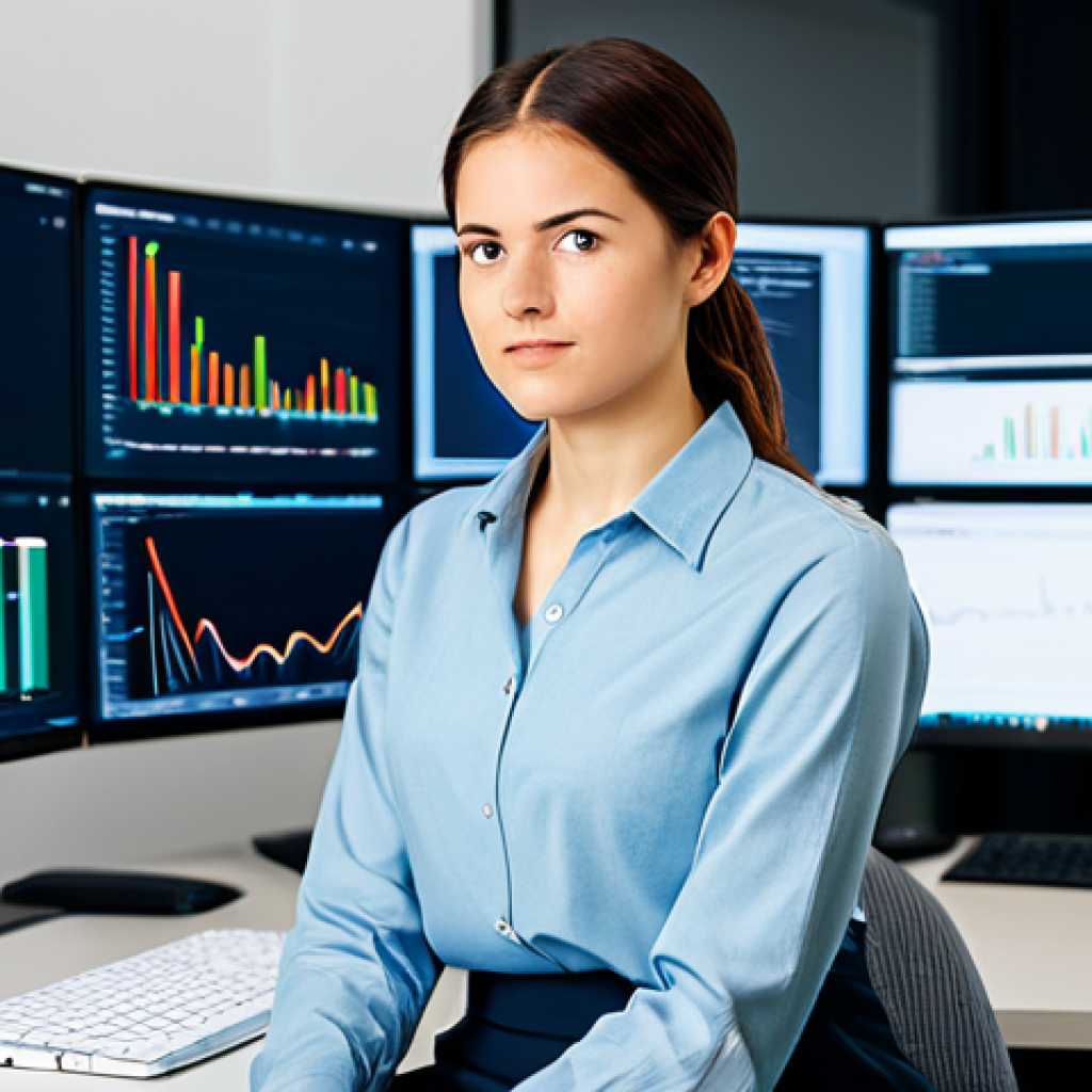 A focused female software engineer, in a professional business casual outfit, sitting at a clean, modern desk. She wears a modest blouse and tailored trousers. Her multi-monitor setup displays lines of code, a graphical representation of a CI/CD pipeline, and a security dashboard highlighting real-time vulnerability scan results. The office environment is bright, organized, and collaborative, with natural light streaming in. high-resolution, sharp focus, professional photography, natural lighting, perfect anatomy, correct proportions, natural pose, well-formed hands, proper finger count, natural body proportions, fully clothed, modest clothing, appropriate attire, professional dress, safe for work, appropriate content, family-friendly.