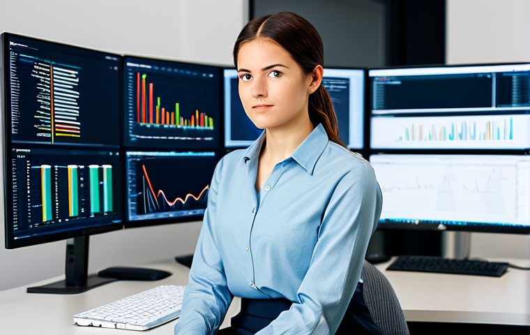 A focused female software engineer, in a professional business casual outfit, sitting at a clean, modern desk. She wears a modest blouse and tailored trousers. Her multi-monitor setup displays lines of code, a graphical representation of a CI/CD pipeline, and a security dashboard highlighting real-time vulnerability scan results. The office environment is bright, organized, and collaborative, with natural light streaming in. high-resolution, sharp focus, professional photography, natural lighting, perfect anatomy, correct proportions, natural pose, well-formed hands, proper finger count, natural body proportions, fully clothed, modest clothing, appropriate attire, professional dress, safe for work, appropriate content, family-friendly.