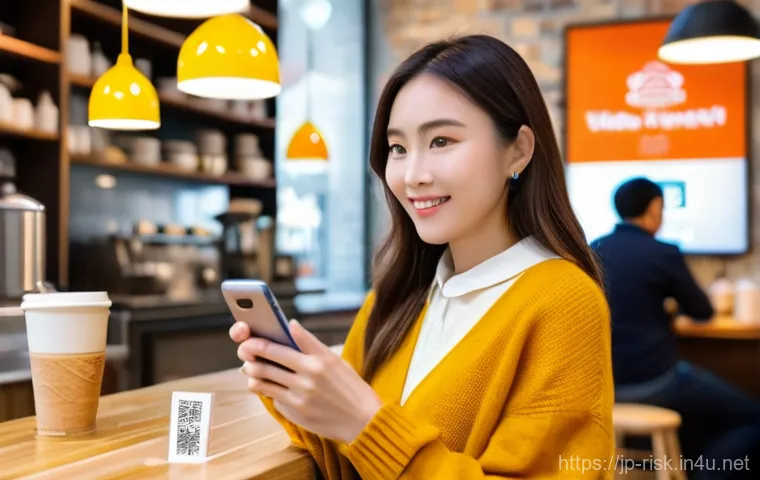 QR코드 피싱 사기 예방법 - **Prompt:** A bustling, modern coffee shop with warm lighting. A young woman, dressed in a stylish, ...