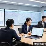 보안 사고 대응 매뉴얼 작성법 - A modern Japanese office scene during a cybersecurity incident response drill, featuring a diverse t...