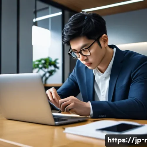 암호화폐 지갑 해킹 수법 - A modern Japanese office setting with a focused young professional using a laptop and smartphone, bo...