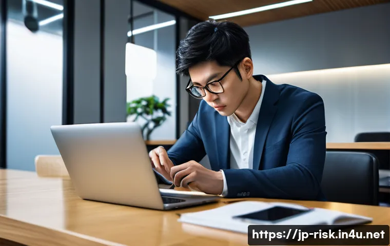 암호화폐 지갑 해킹 수법 - A modern Japanese office setting with a focused young professional using a laptop and smartphone, bo...